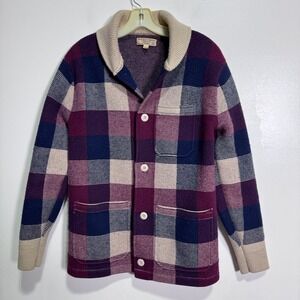 Wallace & Barnes Cardigan Sweater Mens XS Purple Plaid Shawl Collar Wool Blend